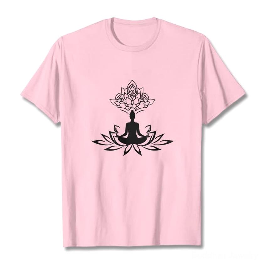 Buddha lotus meditation graphic tee detail view close up print quality