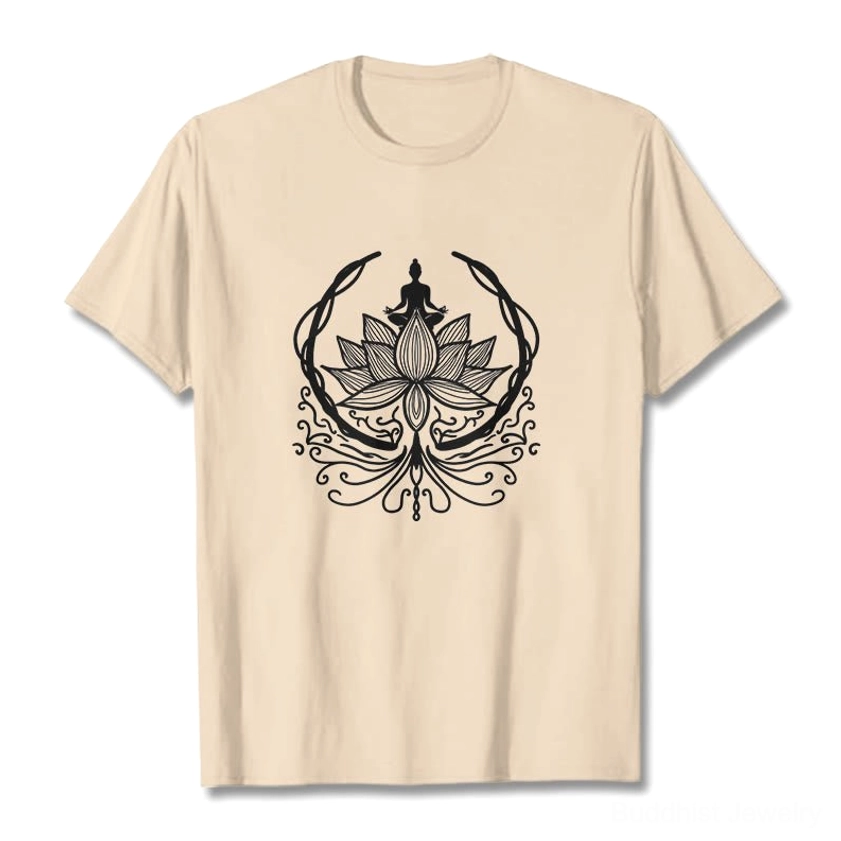 Buddhist meditation t-shirt display showing print quality and cotton fabric texture softness