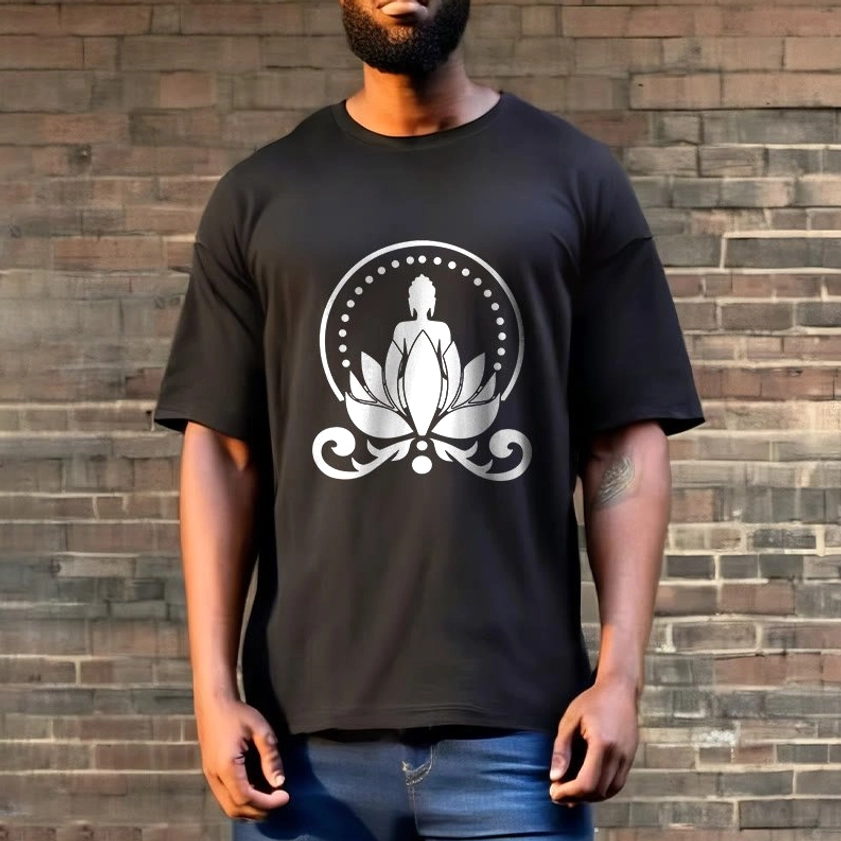 Black Buddha lotus t-shirt street style brick wall background casual spiritual tee