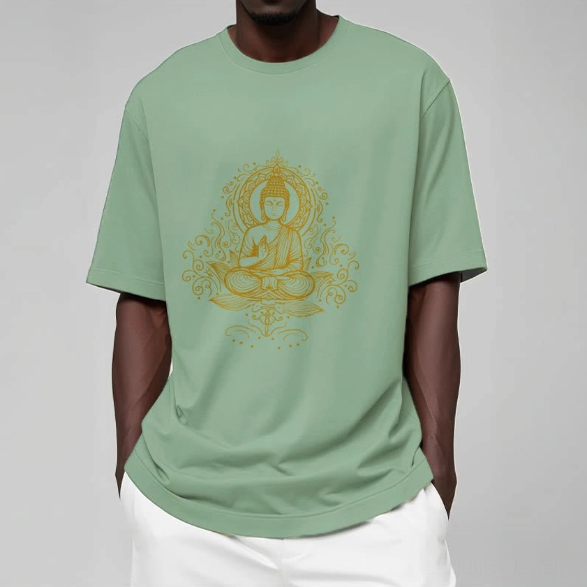 Buddha lotus meditation t-shirt styled with denim pants casual spiritual fashion pairing