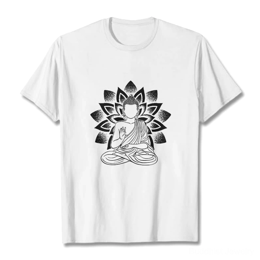 White Buddha lotus spiritual t-shirt with black print crew neck flat lay