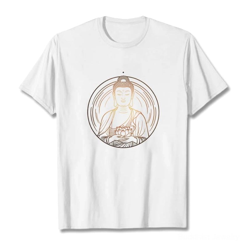 White Buddha lotus graphic t-shirt flat lay with golden circular design on cotton fabric