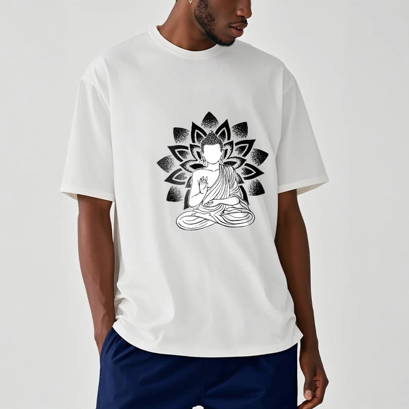 Male model side front view white Buddhist lotus t-shirt navy blue pants