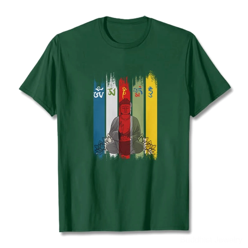 Dark green forest pale green Buddhist mantra cotton t-shirt flat lay front view with Om Mani Padme Hum print