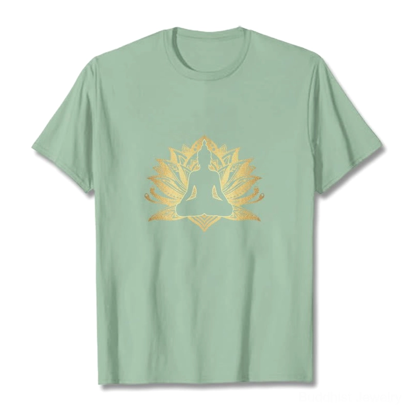 Buddha lotus meditation graphic t-shirt with white ink gold print, unisex fit product view