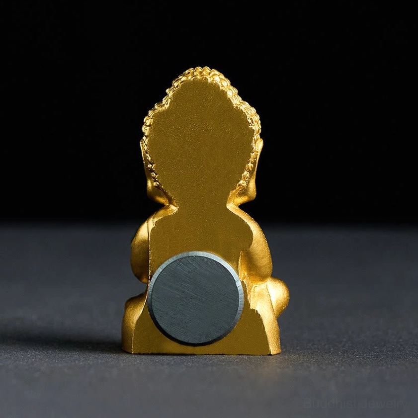 Golden Buddha fridge magnet product showcase with multiple viewing angles and magnetic backing