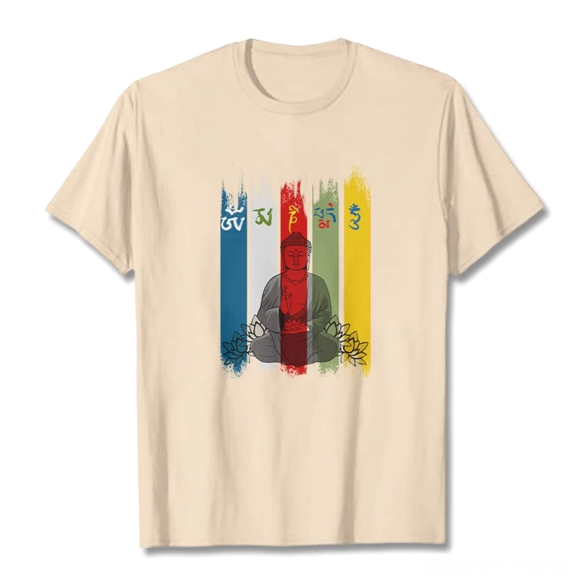 Sacred Om Mani Padme Hum Buddha print t-shirt lifestyle shot showing comfort and spiritual design appeal