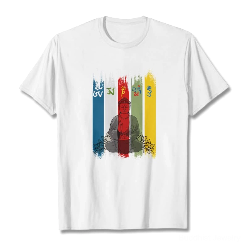 White short sleeve Buddha print t-shirt flat lay front studio view Om Mani Padme Hum spiritual design