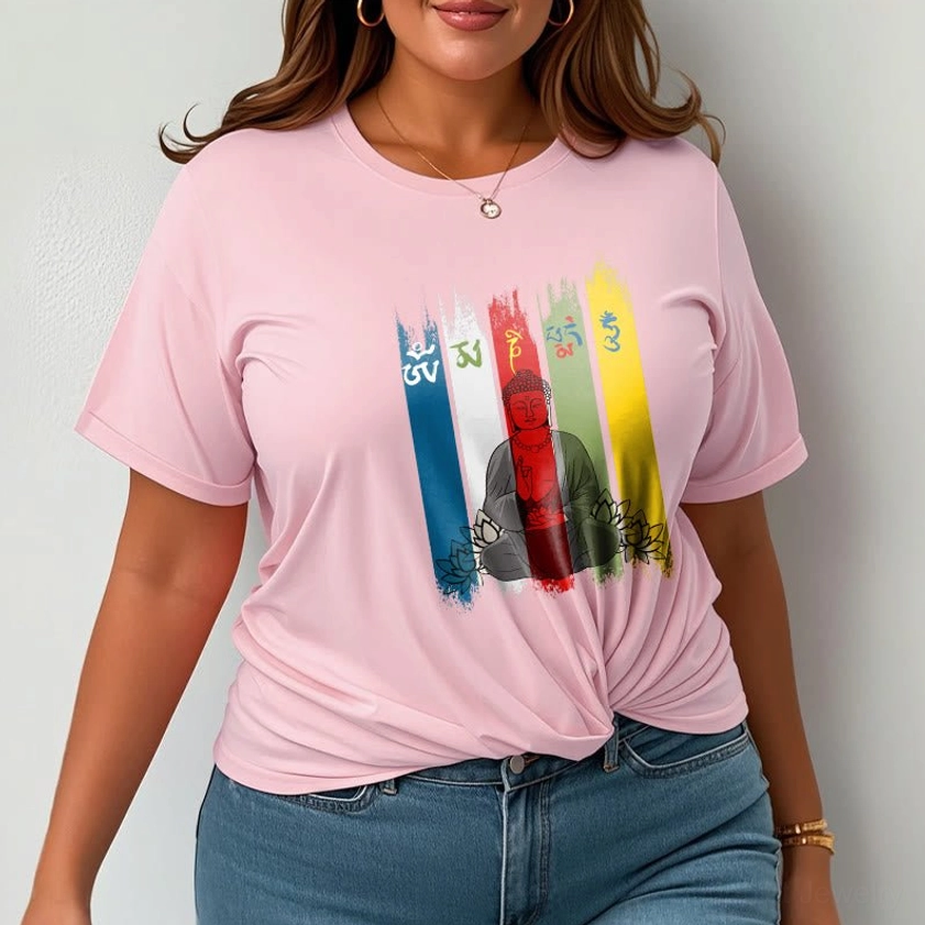 White Om Mani Padme Hum Buddha mantra t-shirt on model showing unisex regular fit and spiritual design