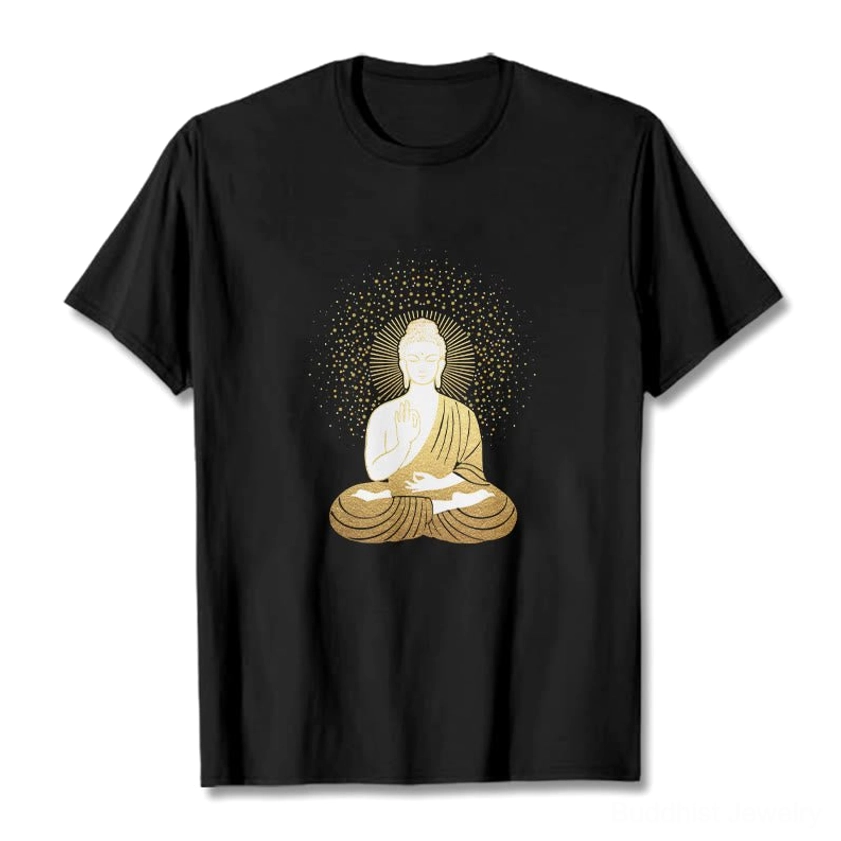 Meditation Buddha golden aura graphic t-shirt flat lay black cotton front view spiritual design