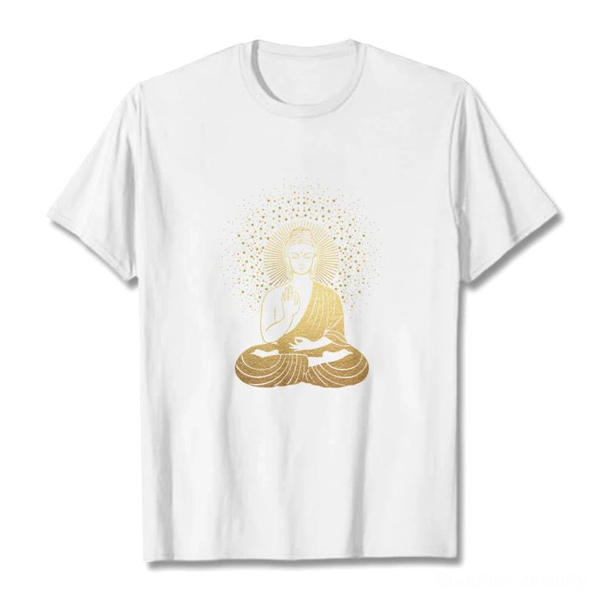 Meditation Buddha golden aura t-shirt flat lay white cotton front view spiritual graphic print