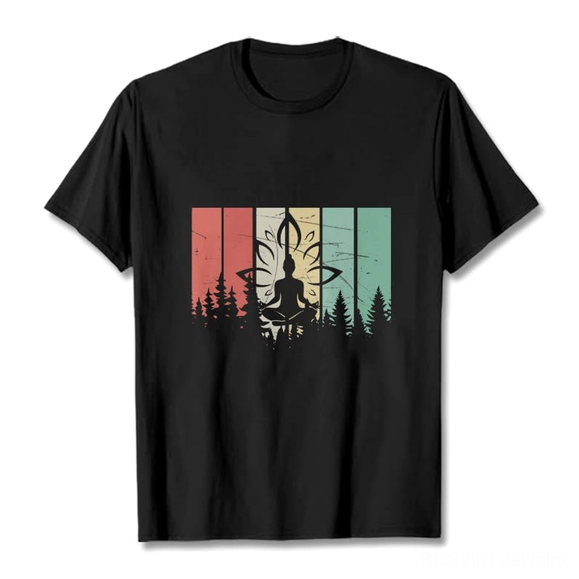 Black Buddha meditation forest graphic cotton t-shirt flat lay front view on white background