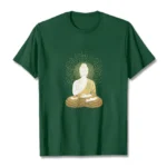 Meditation Buddha golden aura t-shirt flat lay front view dark green fabric spiritual graphic tee