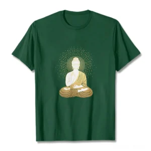 Meditation Buddha golden aura t-shirt flat lay front view dark green fabric spiritual graphic tee