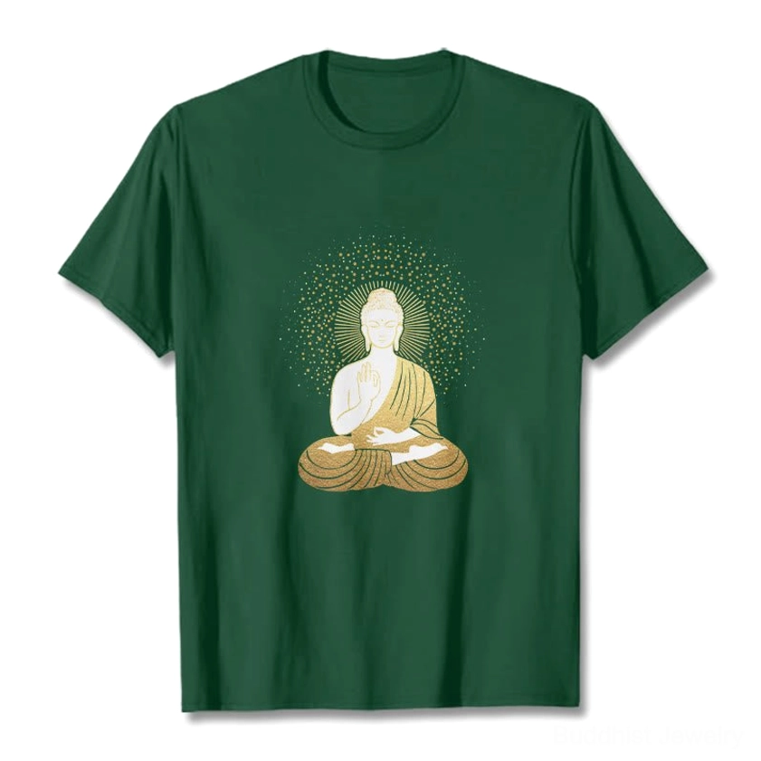 Meditation Buddha golden aura t-shirt flat lay front view dark green fabric spiritual graphic tee