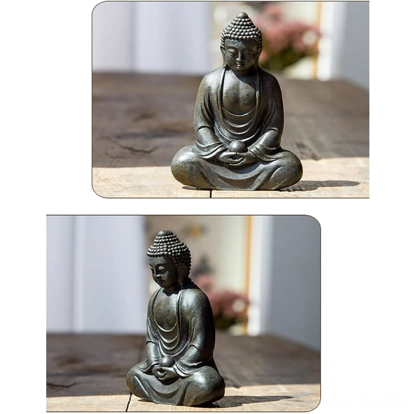 Meditating Buddha statue seated on altar with wooden background, dark grey iron powder material