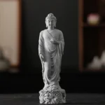 Standing Buddha meditation statue with auspicious clouds base in natural gray sandstone