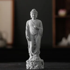 Standing Buddha meditation statue with auspicious clouds base in natural gray sandstone
