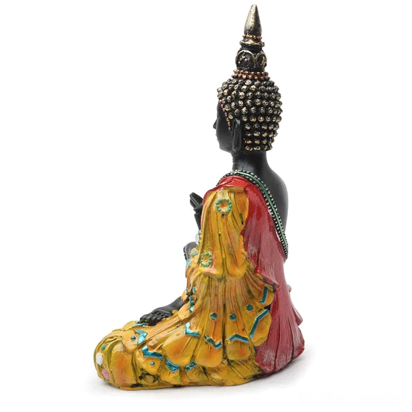 Thai Buddha resin statue rear right side view showing back of head and blue decorative lines on robes