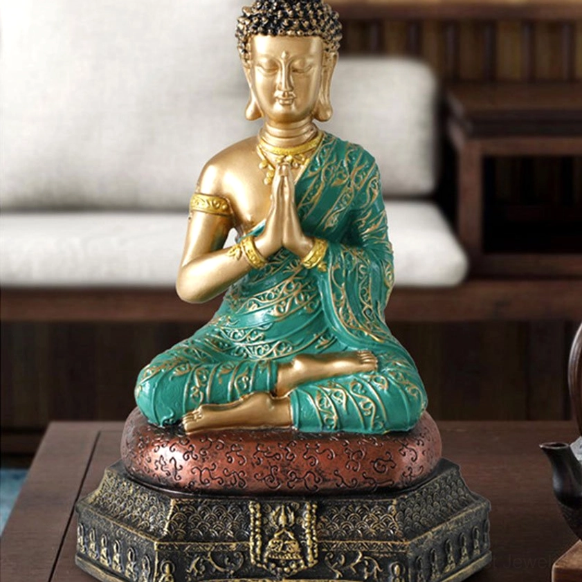 Buddha statue displayed in cozy living room setting on shelf with sofa background, spiritual home decor