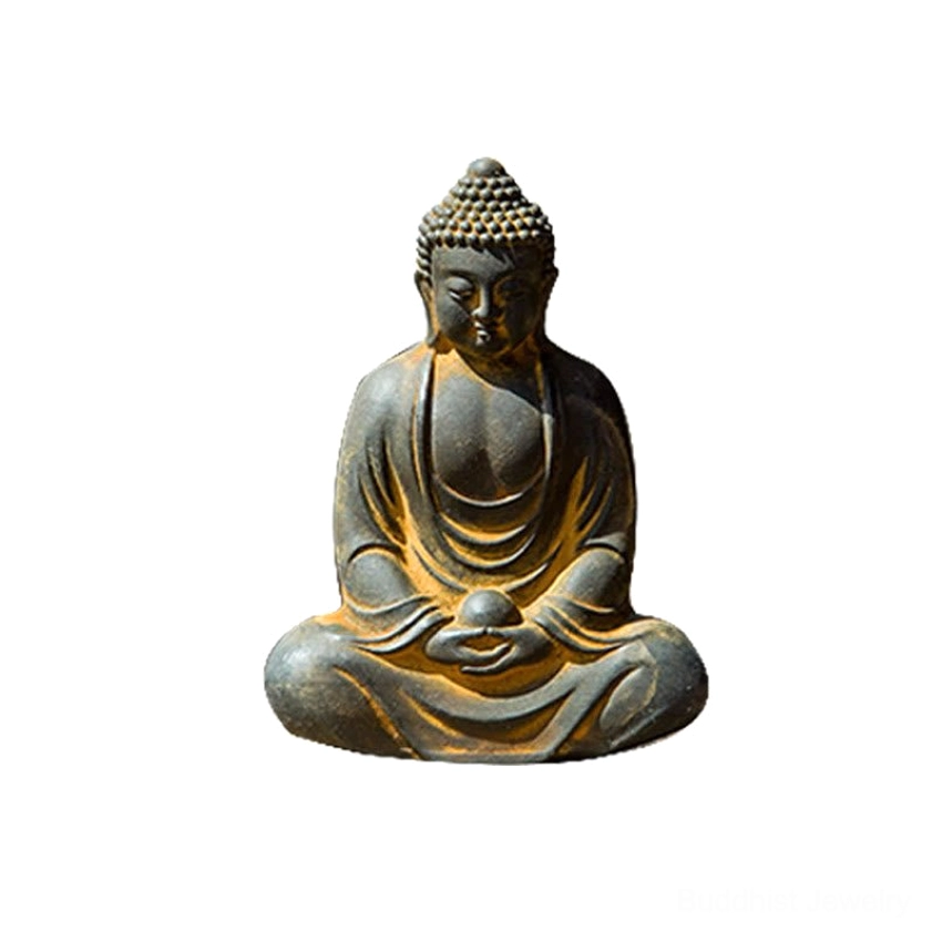 Meditating Buddha statue isolated frontal view on neutral background, weathered dark grey iron powder resin