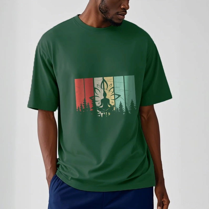 Full length back view of Buddha forest meditation graphic t-shirt showing design placement and fabric drape