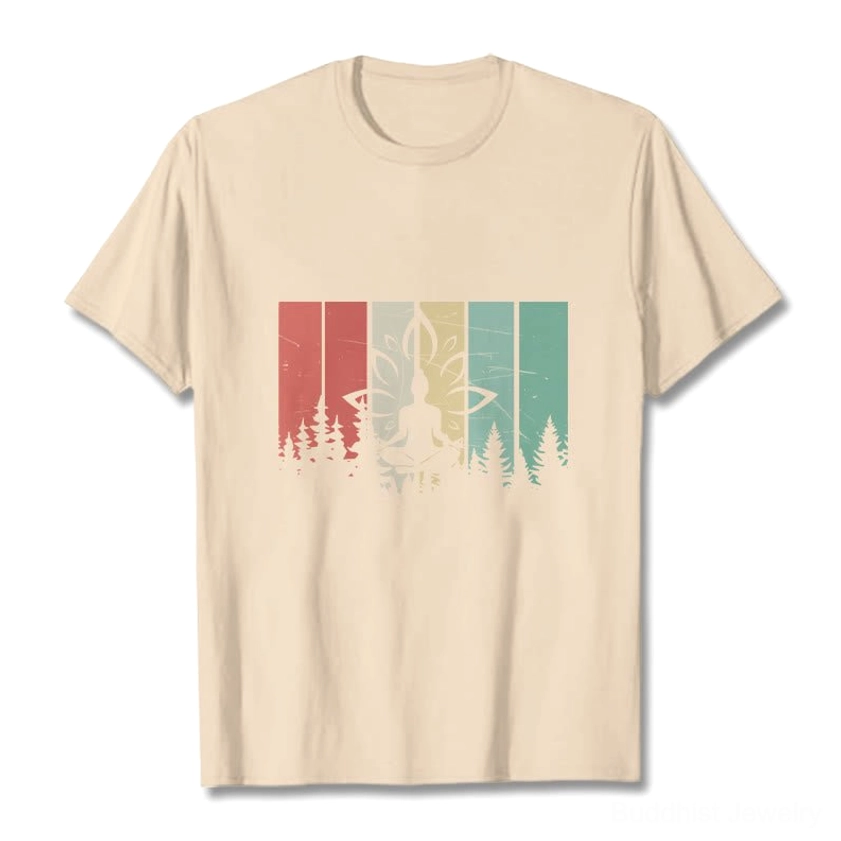 Light beige apricot Buddhist meditation t-shirt with retro rainbow stripe Buddha forest graphic flat lay