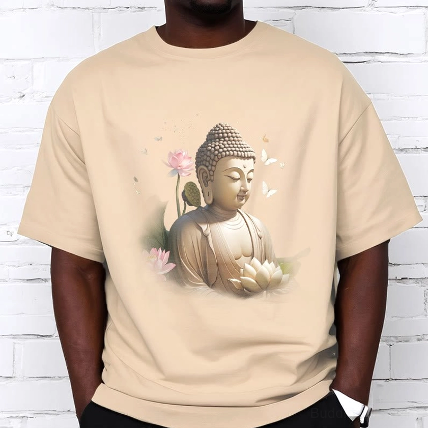 Oversized beige Buddha lotus tee male model casual fit