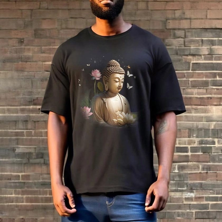 Black Buddha lotus tee male model brick wall casual streetwear