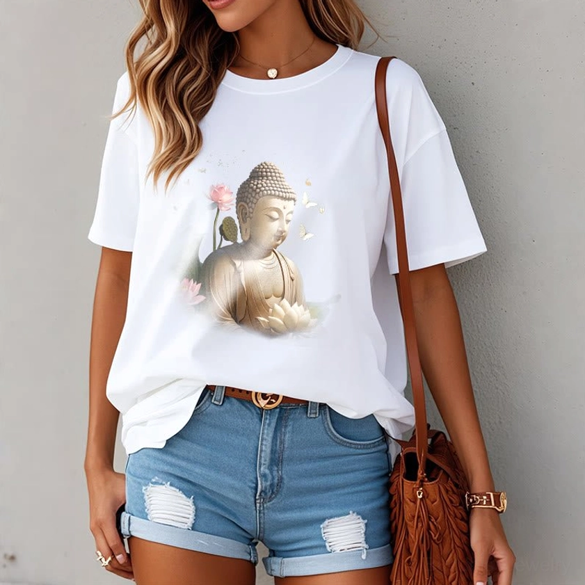 Buddha lotus graphic t-shirt female model outdoor street style