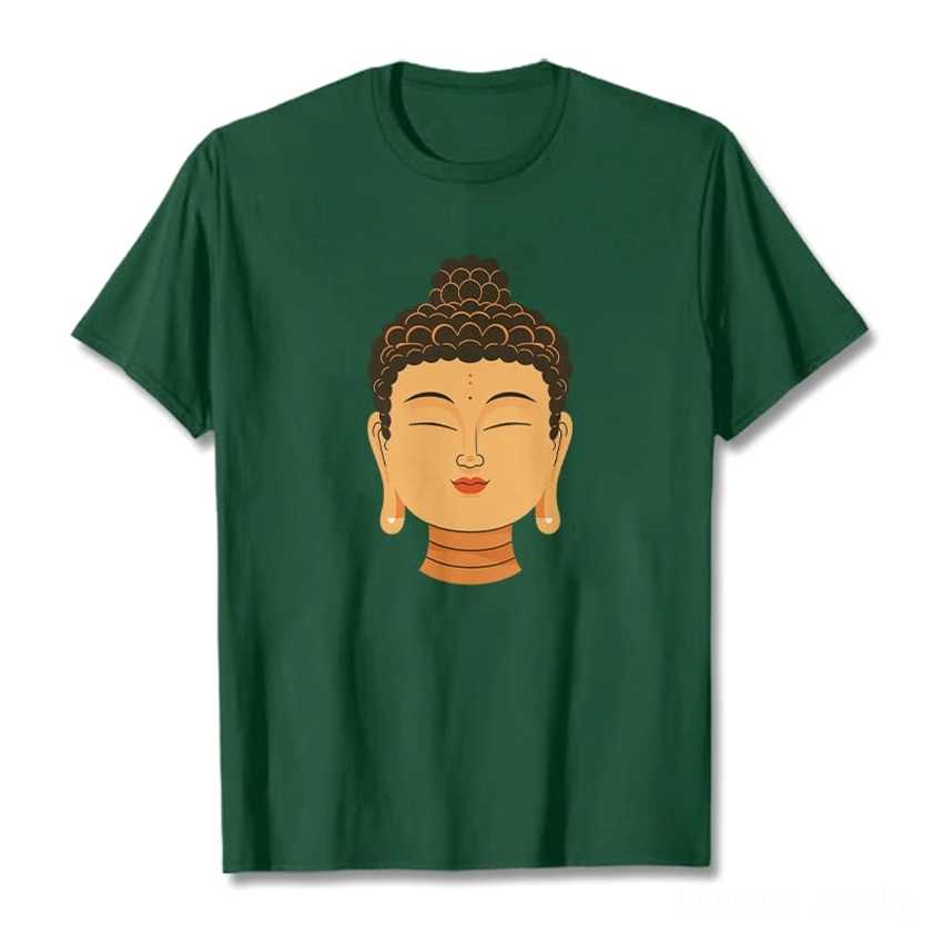 Dark green Buddha meditation spiritual t-shirt flat lay front view with crew neck design