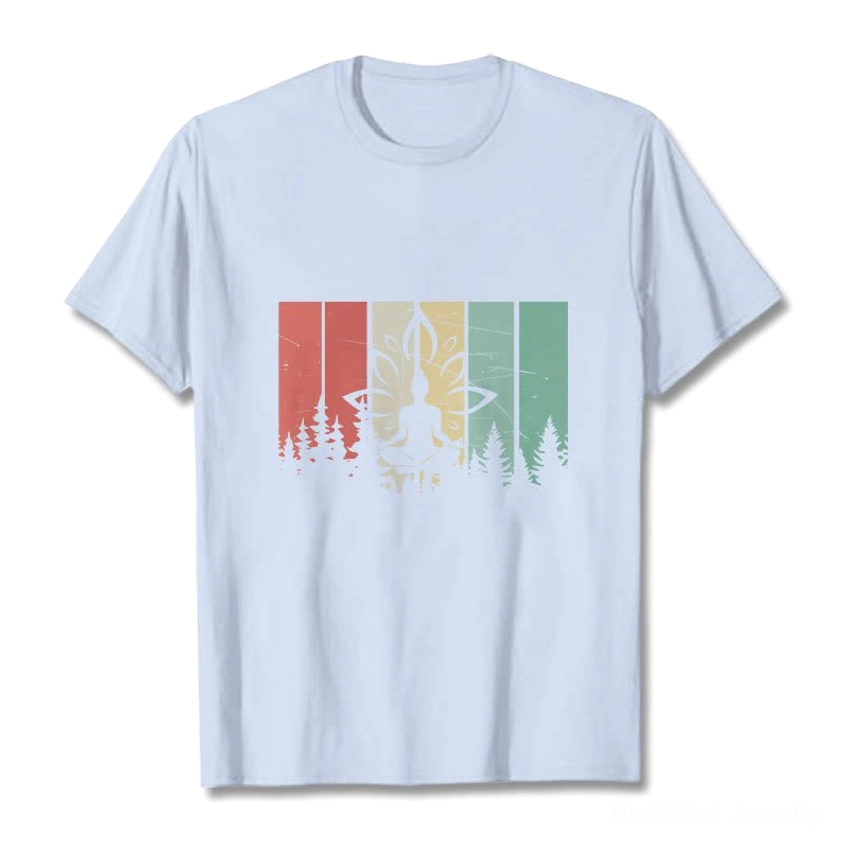 Light cyan blue spiritual Buddha meditation forest graphic cotton t-shirt flat lay front centered view