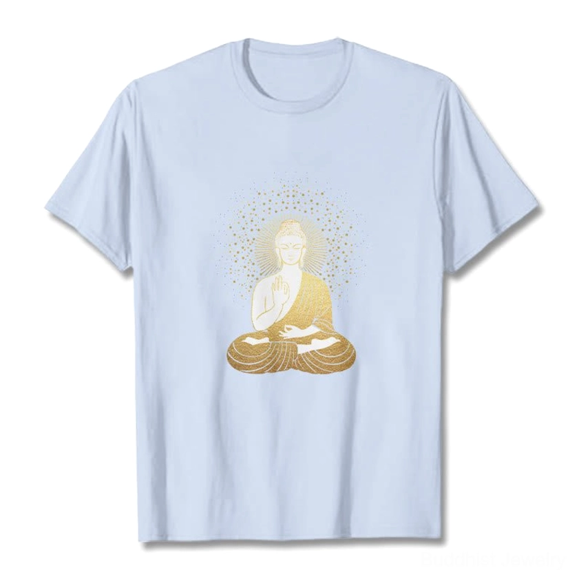 Meditation Buddha golden aura graphic t-shirt light cyan color option spiritual mindfulness tee