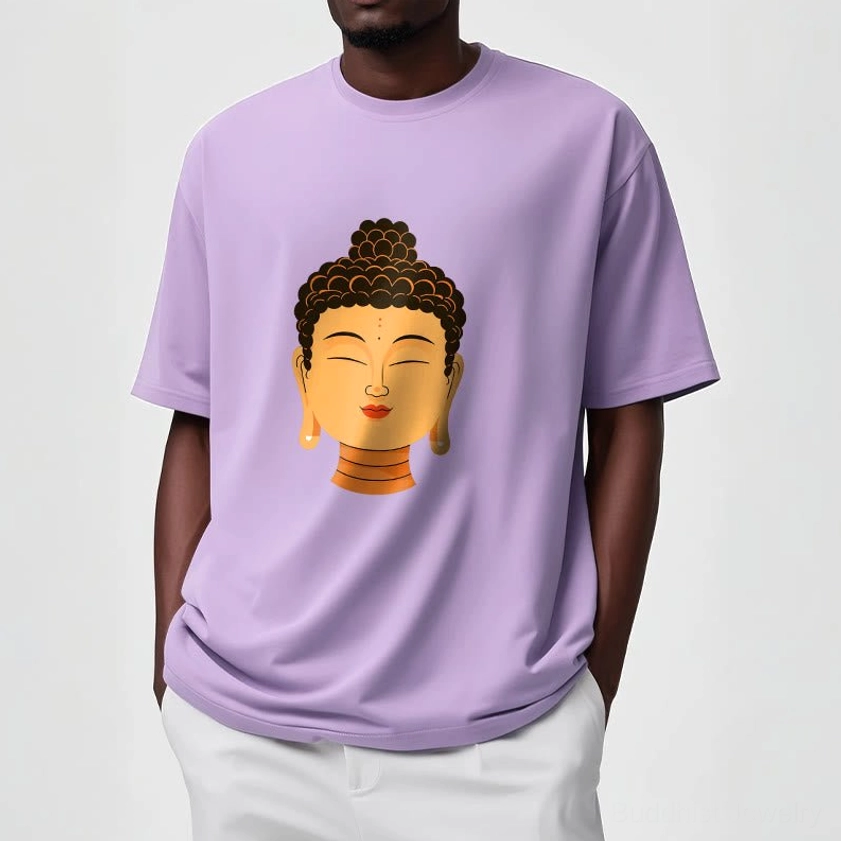 Person wearing light grey Buddha meditation t-shirt showing comfortable relaxed fit