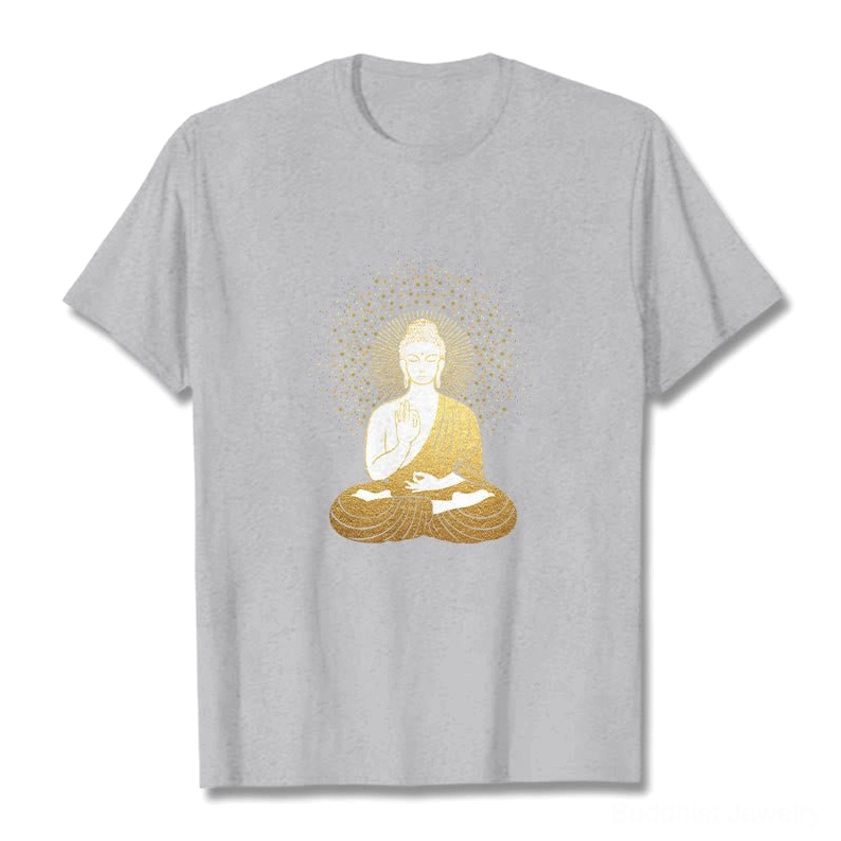 Meditation Buddha golden aura graphic t-shirt light grey color option Buddhist enlightenment wear