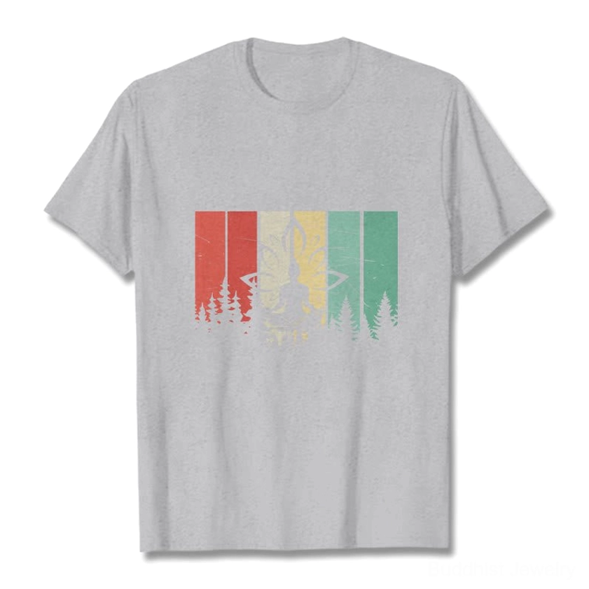 Light grey Buddhist lotus meditation graphic t-shirt flat lay front view showing retro forest design print