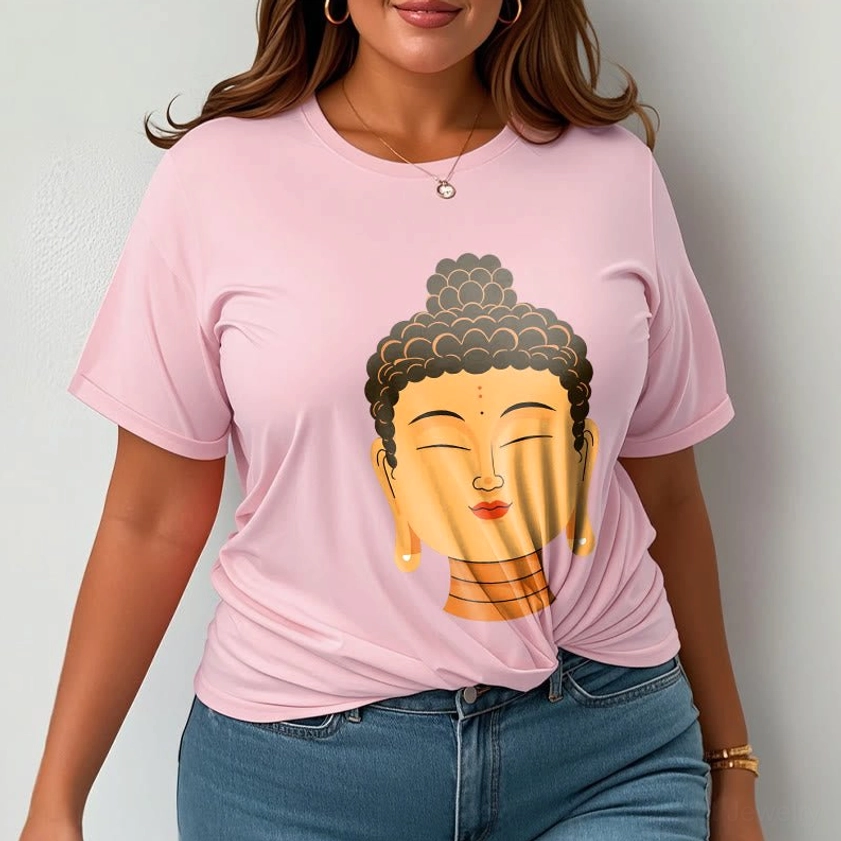 Light grey Buddha meditation t-shirt flat lay front showing crew neck and fit