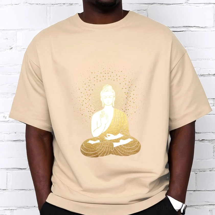 Buddhist meditation Buddha golden aura t-shirt product shot premium cotton graphic tee