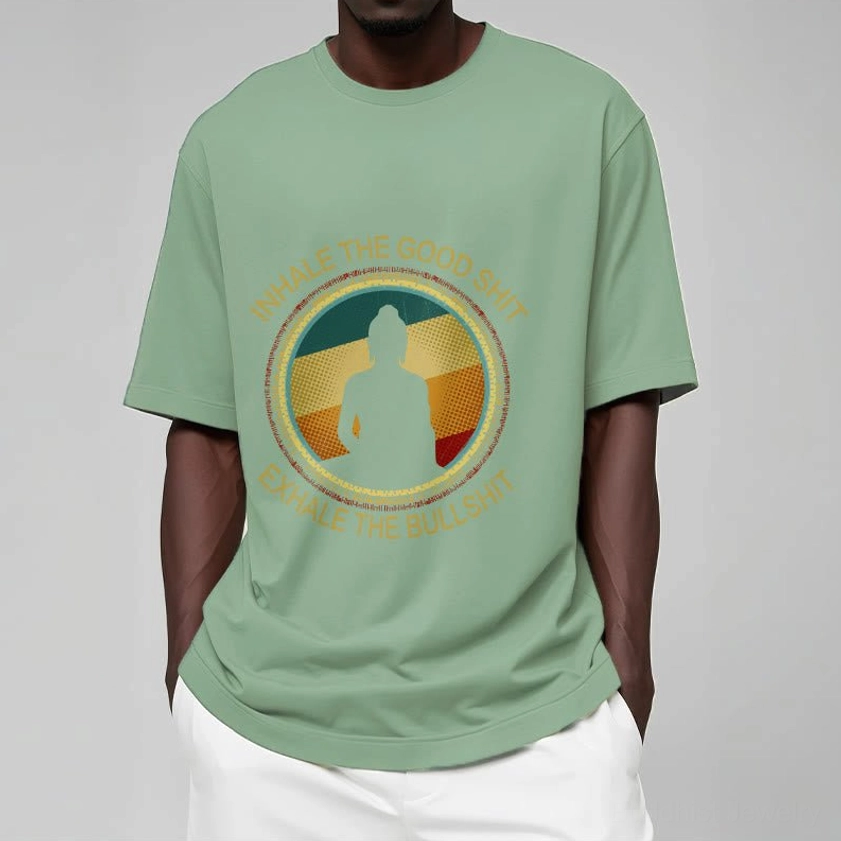 Authentic Buddhist meditation mindfulness t-shirt worn casually showing real-life fit and comfort
