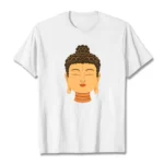 Buddha meditation white crew neck t-shirt flat lay front view with serene spiritual design
