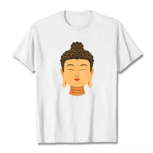 Buddha meditation white crew neck t-shirt flat lay front view with serene spiritual design