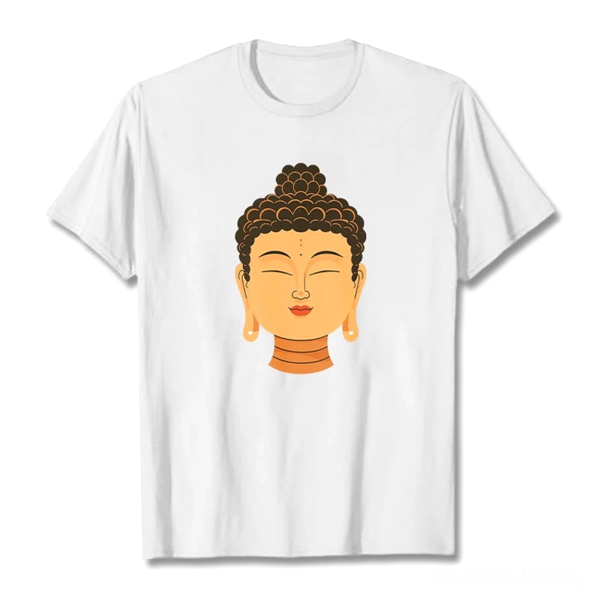 Buddha meditation white crew neck t-shirt flat lay front view with serene spiritual design