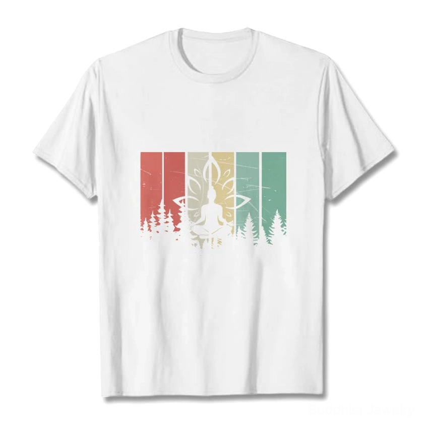 White Buddhist meditation forest graphic cotton t-shirt flat lay front view on clean white background