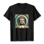 Golden Buddha mindfulness graphic t-shirt flat lay front view black cotton