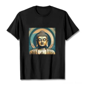 Golden Buddha mindfulness graphic t-shirt flat lay front view black cotton