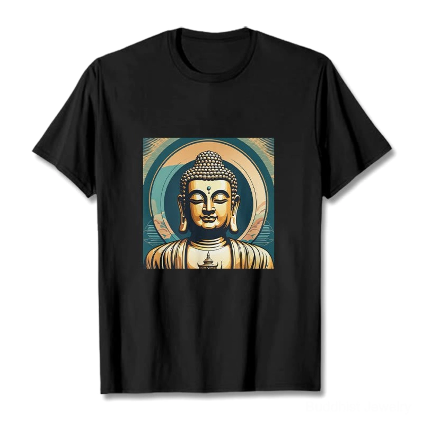 Golden Buddha mindfulness graphic t-shirt flat lay front view black cotton