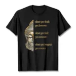 Black Buddha mindfulness t-shirt flat lay overhead view with gold printed positive affirmation quote design