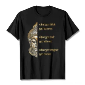Black Buddha mindfulness t-shirt flat lay overhead view with gold printed positive affirmation quote design