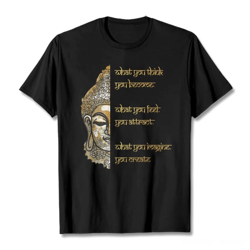 Black Buddha mindfulness t-shirt flat lay overhead view with gold printed positive affirmation quote design