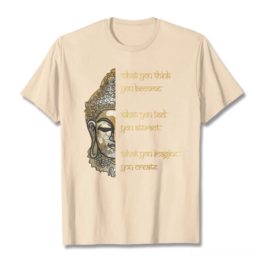 Cream beige Buddha mindfulness t-shirt flat lay overhead shot with gold Buddha and quote print